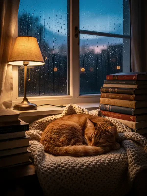 Flux 2 Turbo sample: A cozy reading nook by a rain-streaked window at dusk, warm lamp light, stacks of books, a sleeping orange cat curled on a knitted blanket, cinematic, highly detailed