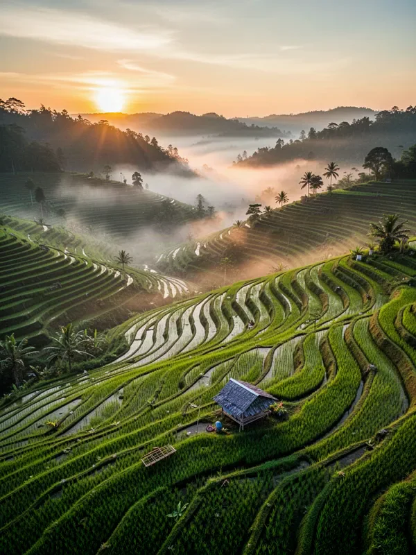 Flux 2 Turbo sample: Aerial view of emerald rice terraces at sunrise with low mist drifting through the valleys, golden light, a single farmer's hut, documentary photography style