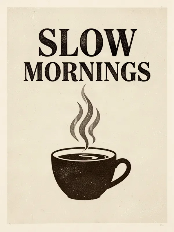 Flux 2 Turbo sample: Typographic poster that reads "SLOW MORNINGS" in bold serif letters above a minimalist illustration of a coffee cup with rising steam, cream background, risograph print texture