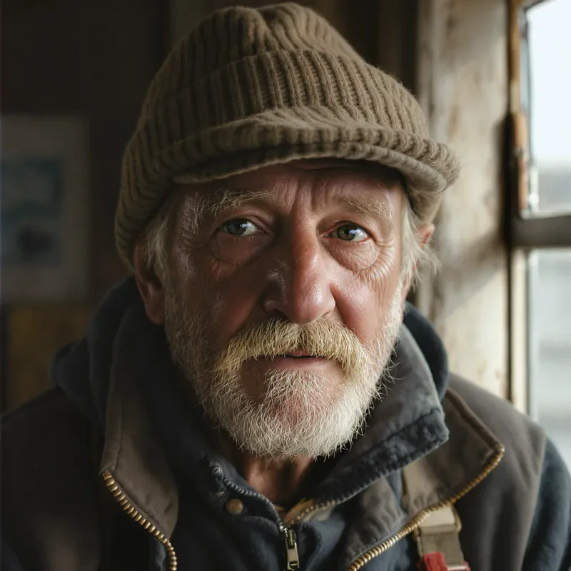Flux Pro Kontext sample: Editorial portrait of an elderly fisherman with a weathered face and a knitted wool cap, soft window light, shallow depth of field, 85mm lens, warm muted tones, fine film grain