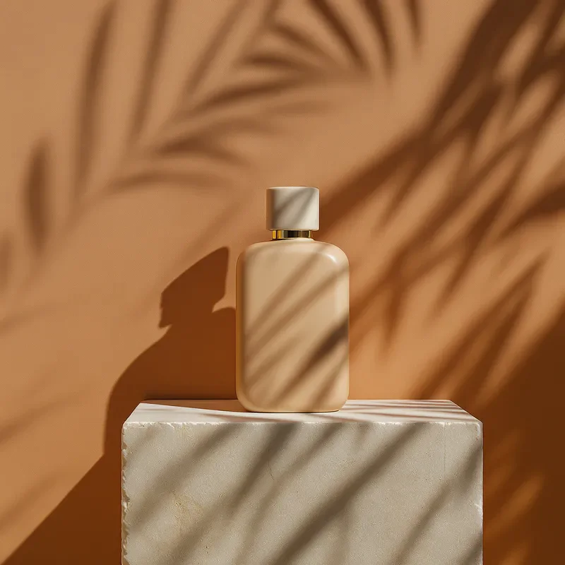 Flux Pro Kontext sample: Product still of a matte ceramic perfume bottle on a travertine block, soft morning shadows of palm leaves across the scene, beige and terracotta palette, studio lighting, high detail
