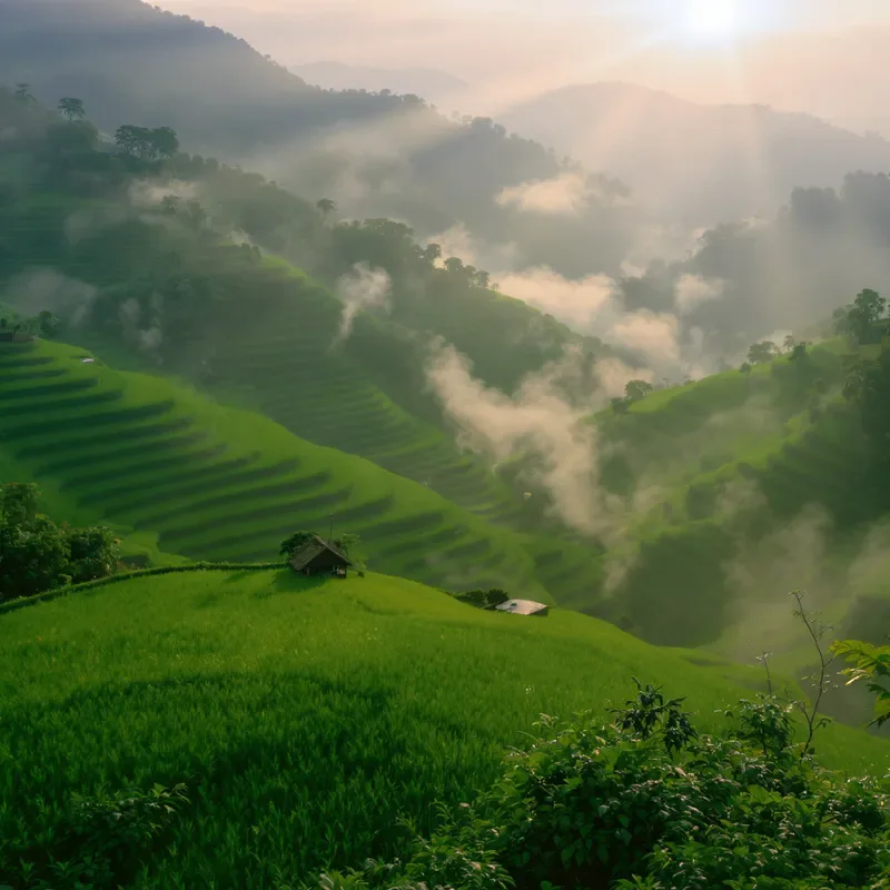 Flux Pro Kontext sample: Aerial view of emerald rice terraces at sunrise with low mist drifting through the valleys, golden light, a single farmer's hut, documentary photography style