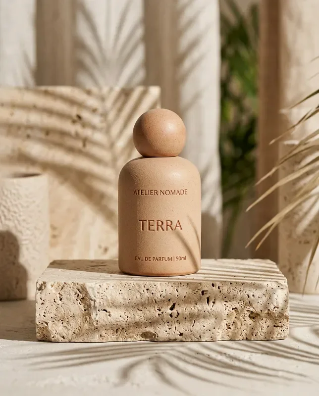 Nano Banana 2 sample: Product still of a matte ceramic perfume bottle on a travertine block, soft morning shadows of palm leaves across the scene, beige and terracotta palette, studio lighting, high detail