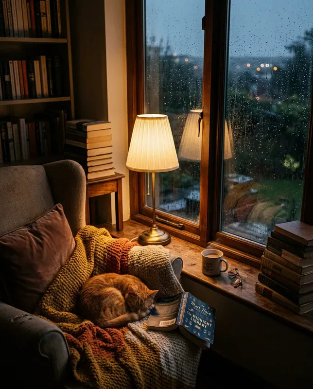 Nano Banana 2 sample: A cozy reading nook by a rain-streaked window at dusk, warm lamp light, stacks of books, a sleeping orange cat curled on a knitted blanket, cinematic, highly detailed