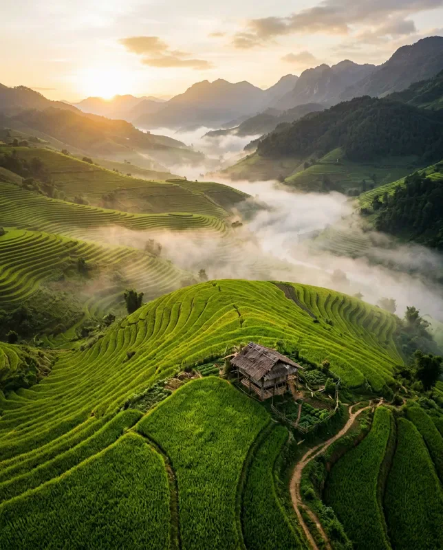 Nano Banana 2 sample: Aerial view of emerald rice terraces at sunrise with low mist drifting through the valleys, golden light, a single farmer's hut, documentary photography style