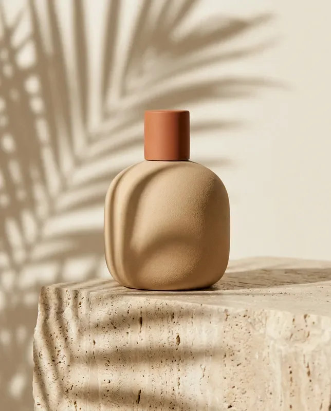 Nano Banana Pro sample: Product still of a matte ceramic perfume bottle on a travertine block, soft morning shadows of palm leaves across the scene, beige and terracotta palette, studio lighting, high detail