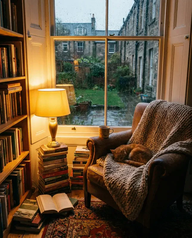 Nano Banana Pro sample: A cozy reading nook by a rain-streaked window at dusk, warm lamp light, stacks of books, a sleeping orange cat curled on a knitted blanket, cinematic, highly detailed