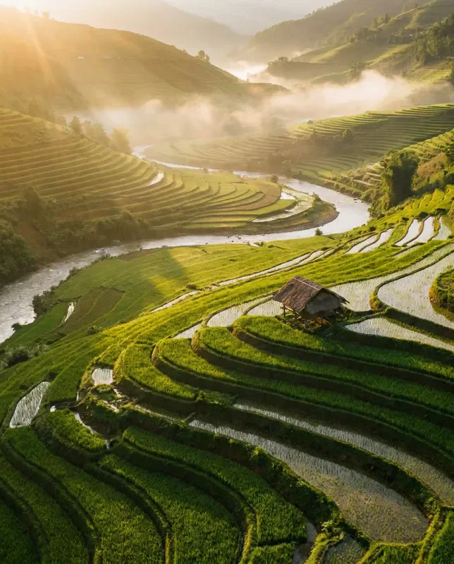 Nano Banana Pro sample: Aerial view of emerald rice terraces at sunrise with low mist drifting through the valleys, golden light, a single farmer's hut, documentary photography style