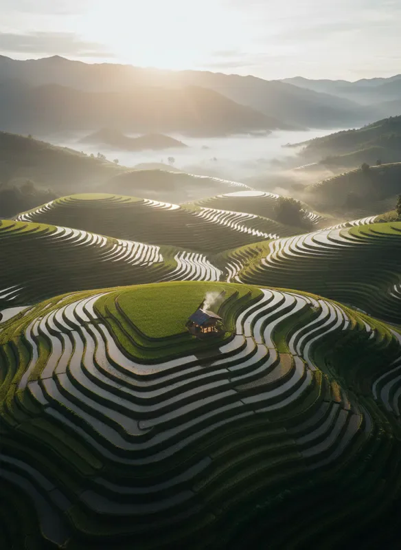 Nano Banana sample: Aerial view of emerald rice terraces at sunrise with low mist drifting through the valleys, golden light, a single farmer's hut, documentary photography style