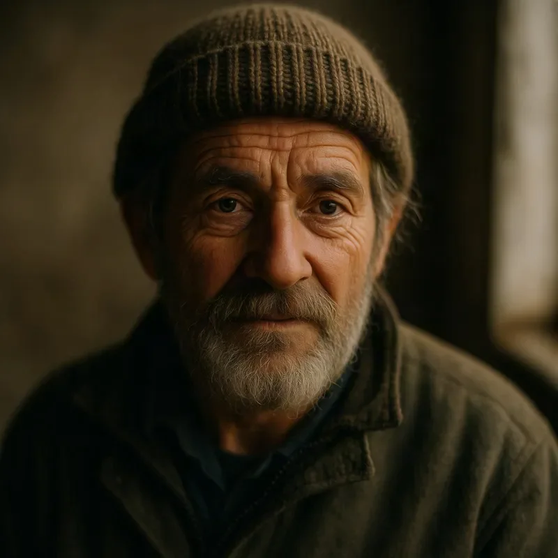 Qwen Image sample: Editorial portrait of an elderly fisherman with a weathered face and a knitted wool cap, soft window light, shallow depth of field, 85mm lens, warm muted tones, fine film grain