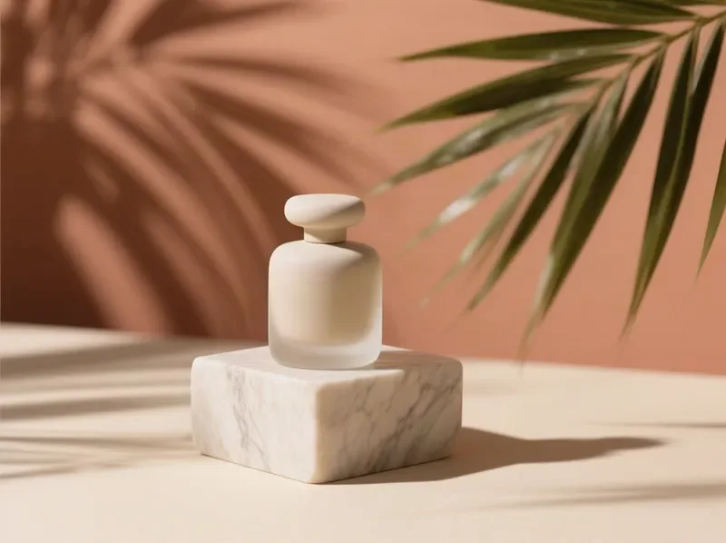 Qwen Image sample: Product still of a matte ceramic perfume bottle on a travertine block, soft morning shadows of palm leaves across the scene, beige and terracotta palette, studio lighting, high detail