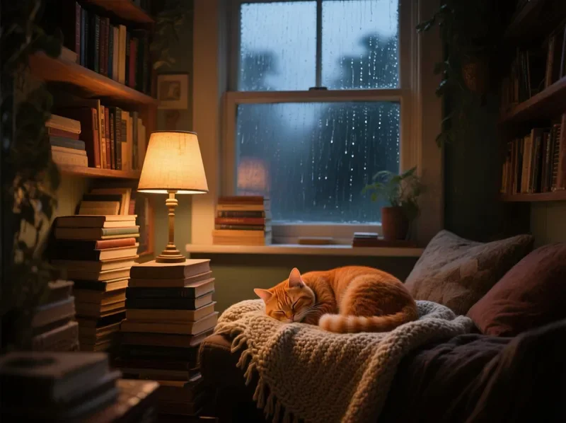Qwen Image sample: A cozy reading nook by a rain-streaked window at dusk, warm lamp light, stacks of books, a sleeping orange cat curled on a knitted blanket, cinematic, highly detailed