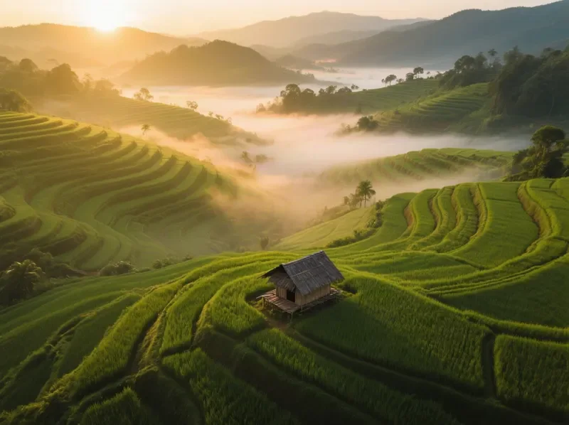 Qwen Image sample: Aerial view of emerald rice terraces at sunrise with low mist drifting through the valleys, golden light, a single farmer's hut, documentary photography style