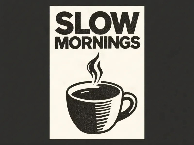 Qwen Image sample: Typographic poster that reads "SLOW MORNINGS" in bold serif letters above a minimalist illustration of a coffee cup with rising steam, cream background, risograph print texture