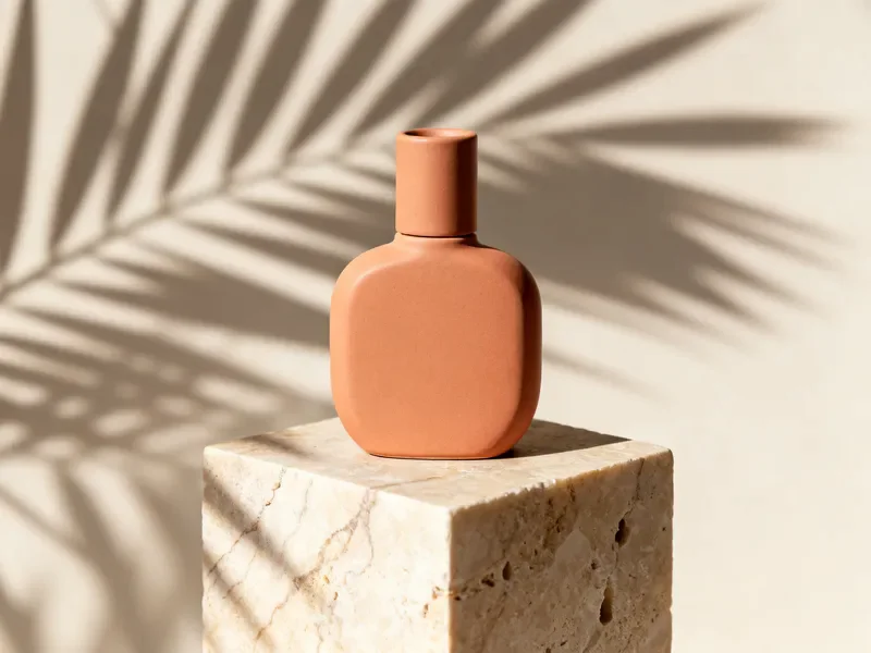 Seedream 4.0 sample: Product still of a matte ceramic perfume bottle on a travertine block, soft morning shadows of palm leaves across the scene, beige and terracotta palette, studio lighting, high detail