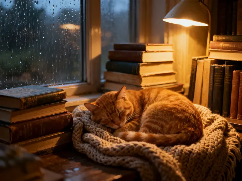 Seedream 4.0 sample: A cozy reading nook by a rain-streaked window at dusk, warm lamp light, stacks of books, a sleeping orange cat curled on a knitted blanket, cinematic, highly detailed