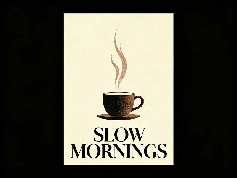 Seedream 4.0 sample: Typographic poster that reads "SLOW MORNINGS" in bold serif letters above a minimalist illustration of a coffee cup with rising steam, cream background, risograph print texture