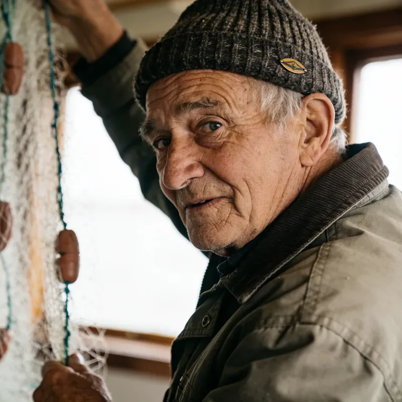 Seedream 4.5 sample: Editorial portrait of an elderly fisherman with a weathered face and a knitted wool cap, soft window light, shallow depth of field, 85mm lens, warm muted tones, fine film grain