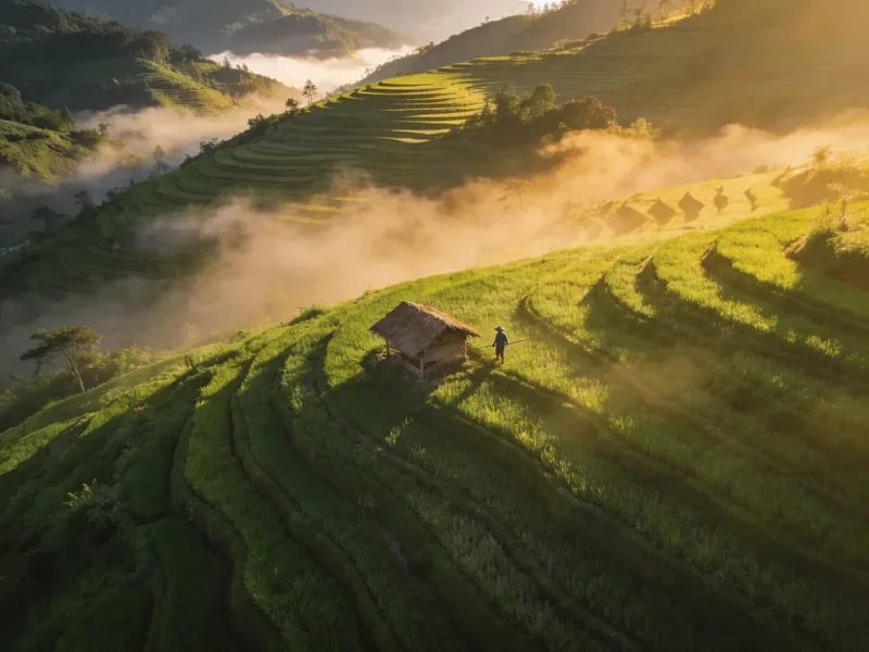 Seedream 4.5 sample: Aerial view of emerald rice terraces at sunrise with low mist drifting through the valleys, golden light, a single farmer's hut, documentary photography style