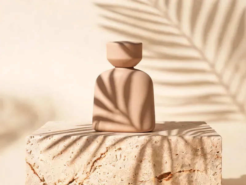 Seedream 5.0 Lite sample: Product still of a matte ceramic perfume bottle on a travertine block, soft morning shadows of palm leaves across the scene, beige and terracotta palette, studio lighting, high detail