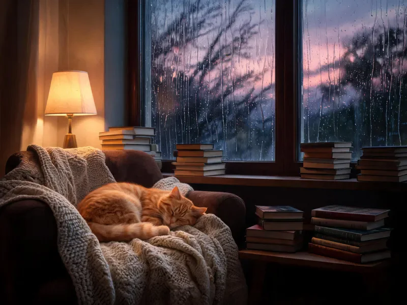 Seedream 5.0 Lite sample: A cozy reading nook by a rain-streaked window at dusk, warm lamp light, stacks of books, a sleeping orange cat curled on a knitted blanket, cinematic, highly detailed