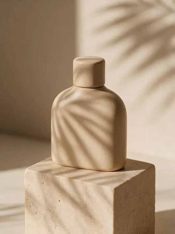 Seedream 5.0 Pro sample: Product still of a matte ceramic perfume bottle on a travertine block, soft morning shadows of palm leaves across the scene, beige and terracotta palette, studio lighting, high detail