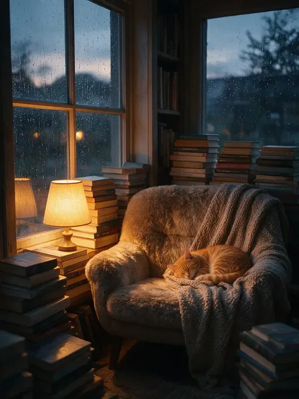 Seedream 5.0 Pro sample: A cozy reading nook by a rain-streaked window at dusk, warm lamp light, stacks of books, a sleeping orange cat curled on a knitted blanket, cinematic, highly detailed