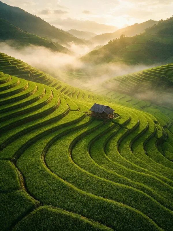Seedream 5.0 Pro sample: Aerial view of emerald rice terraces at sunrise with low mist drifting through the valleys, golden light, a single farmer's hut, documentary photography style